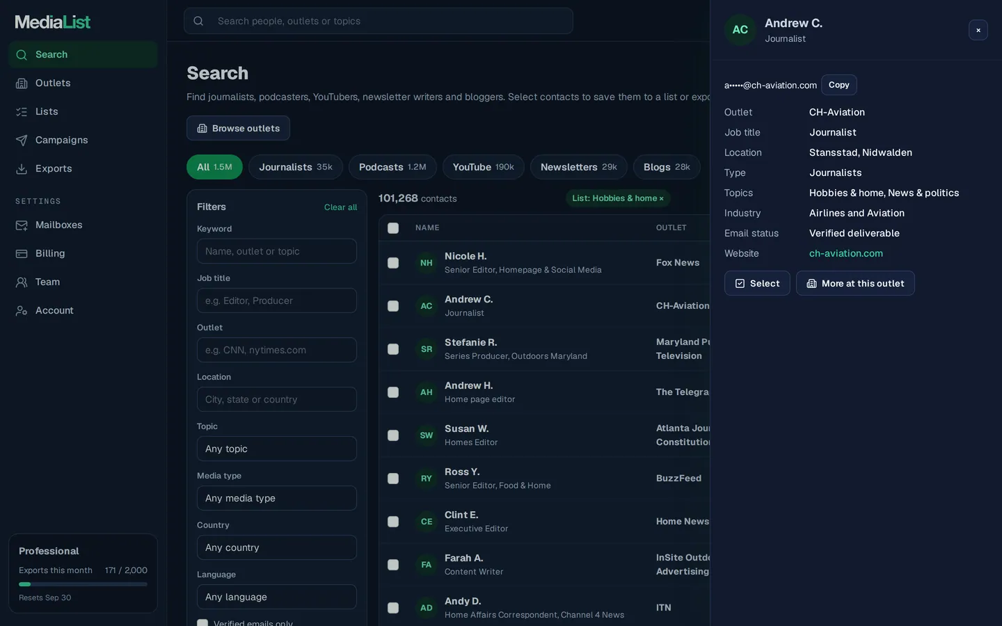 A contact opened in Media List, showing details and an unlocked email