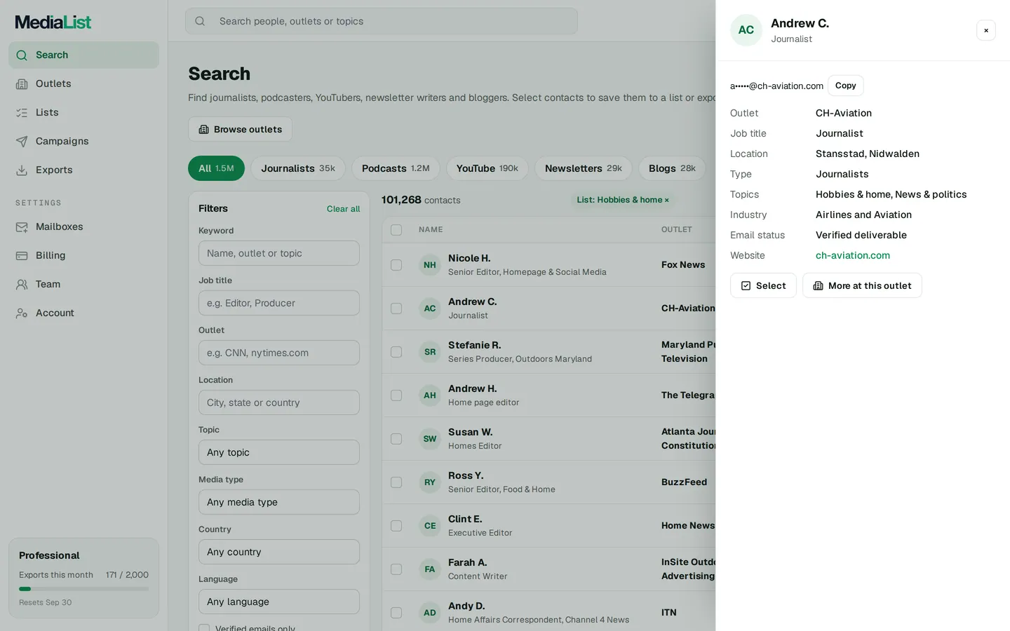 A contact opened in Media List, showing details and an unlocked email