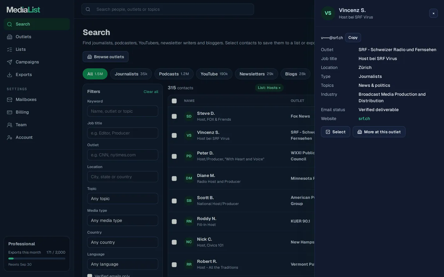A contact opened in Media List, showing details and an unlocked email