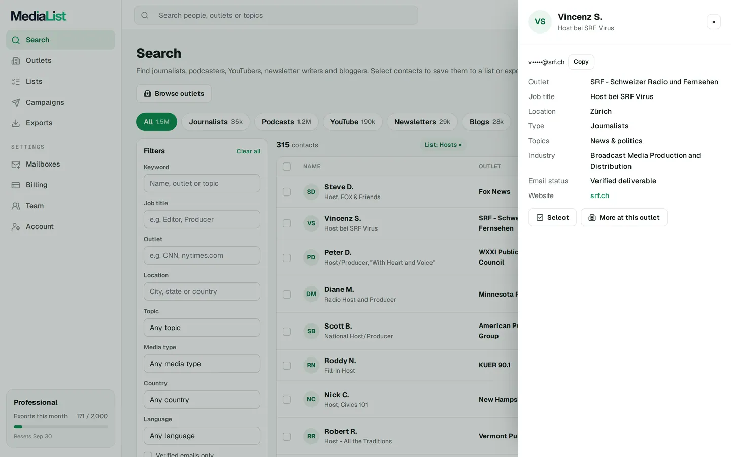 A contact opened in Media List, showing details and an unlocked email