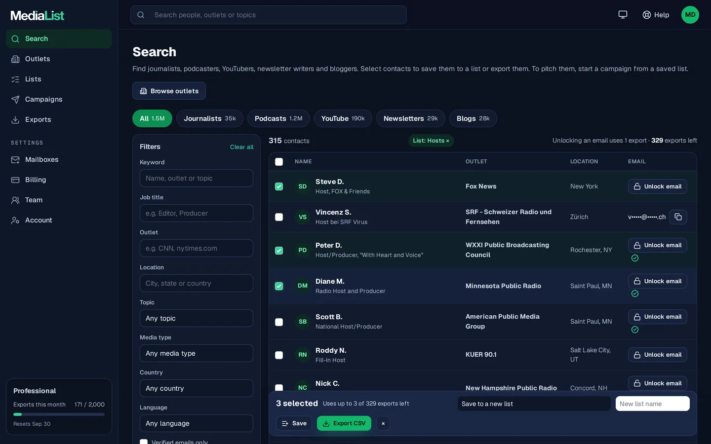 Media List search results with filters, showing contacts and verified emails