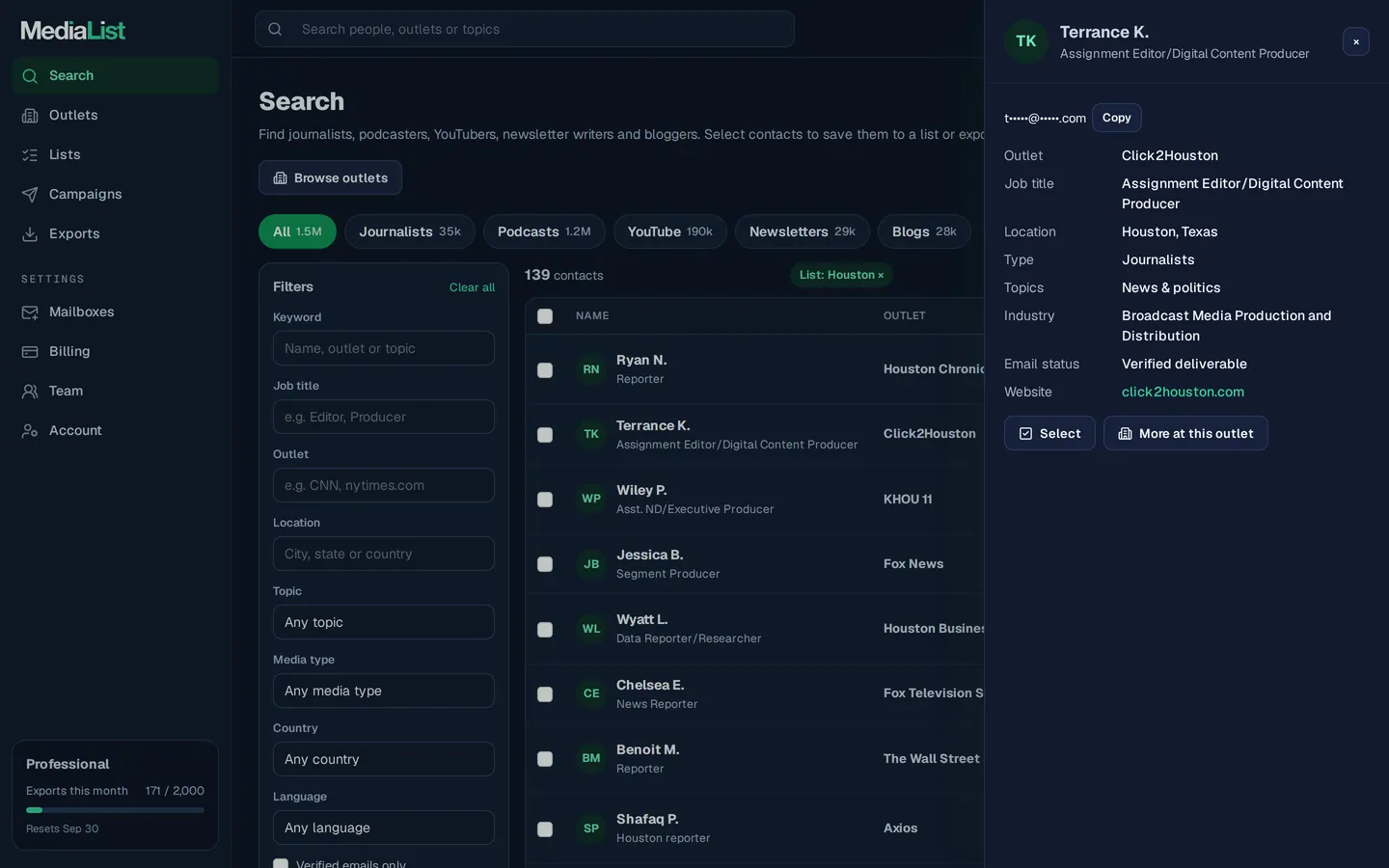 A contact opened in Media List, showing details and an unlocked email
