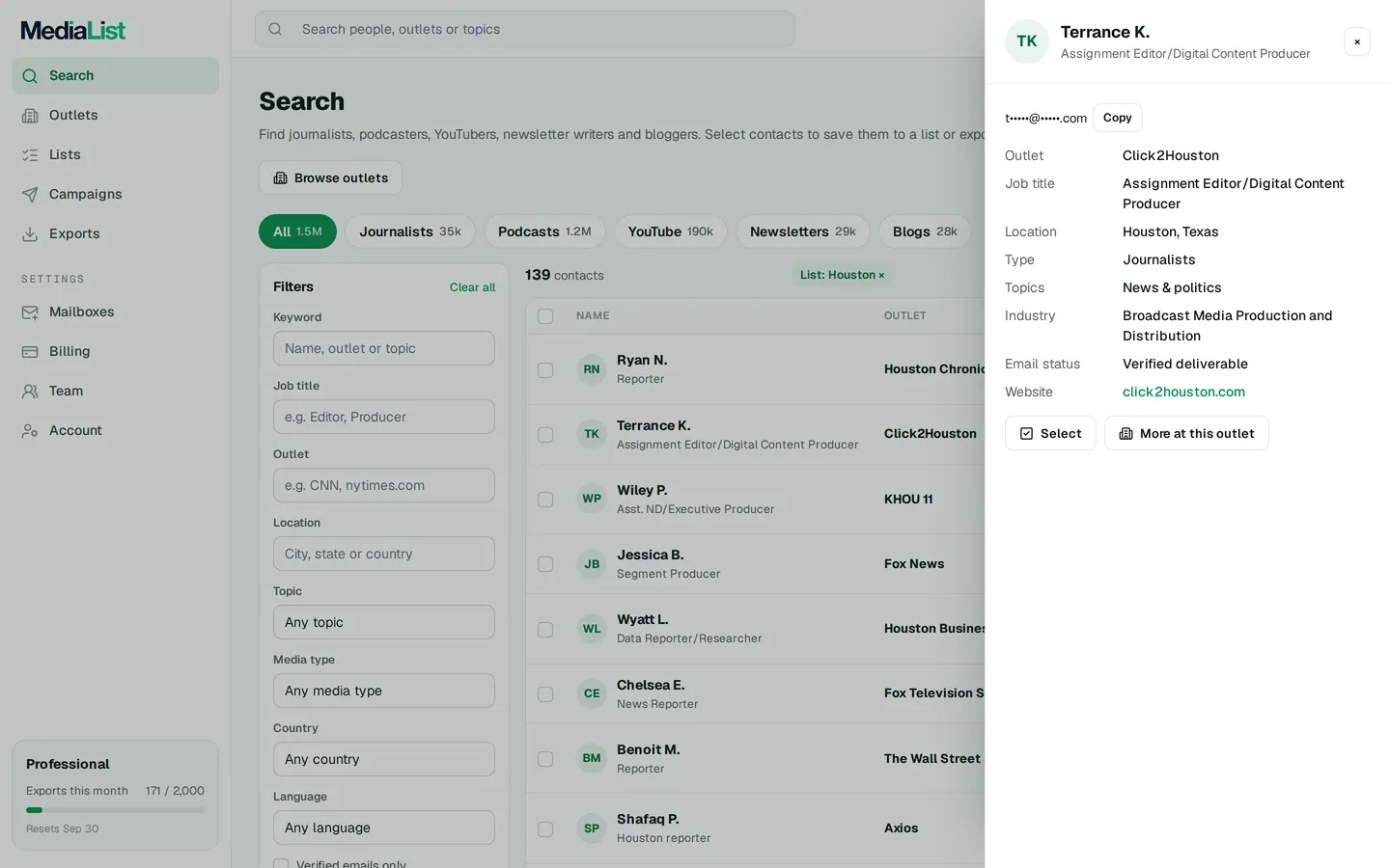 A contact opened in Media List, showing details and an unlocked email