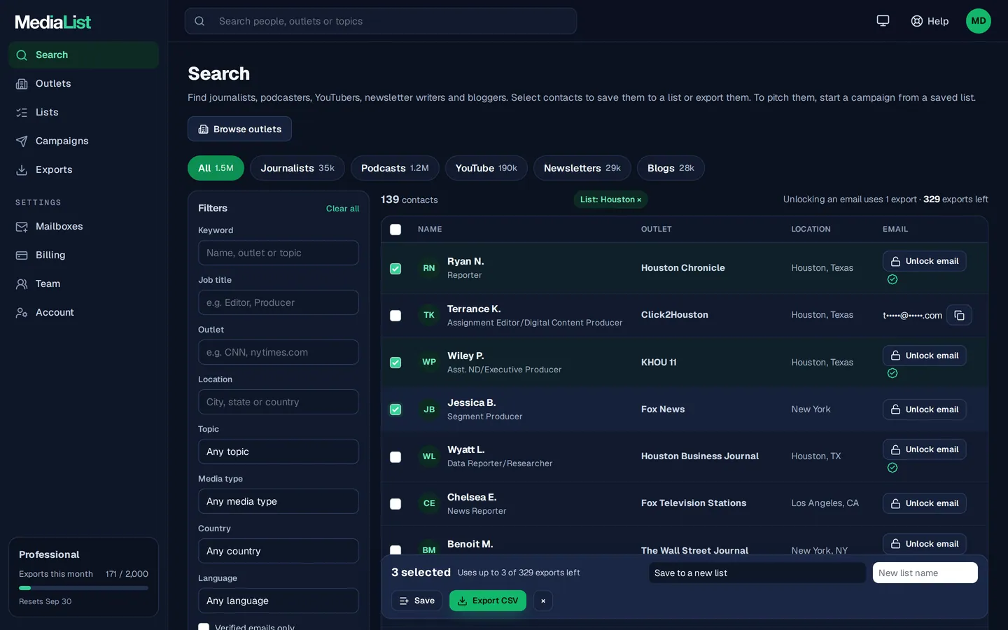 Media List search results with filters, showing contacts and verified emails