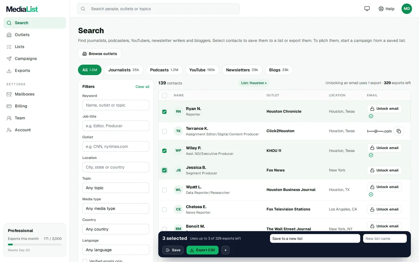 Media List search results with filters, showing contacts and verified emails