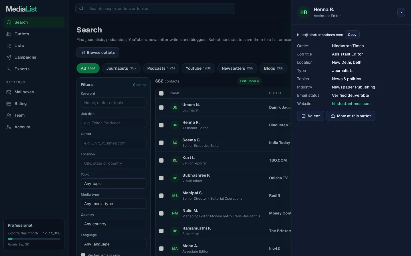 A contact opened in Media List, showing details and an unlocked email