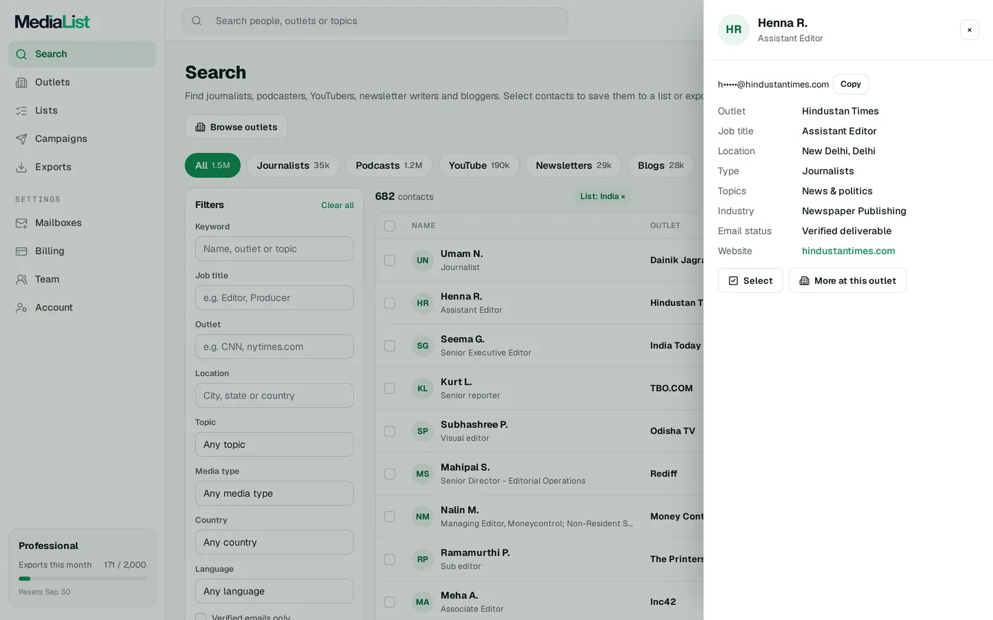 A contact opened in Media List, showing details and an unlocked email