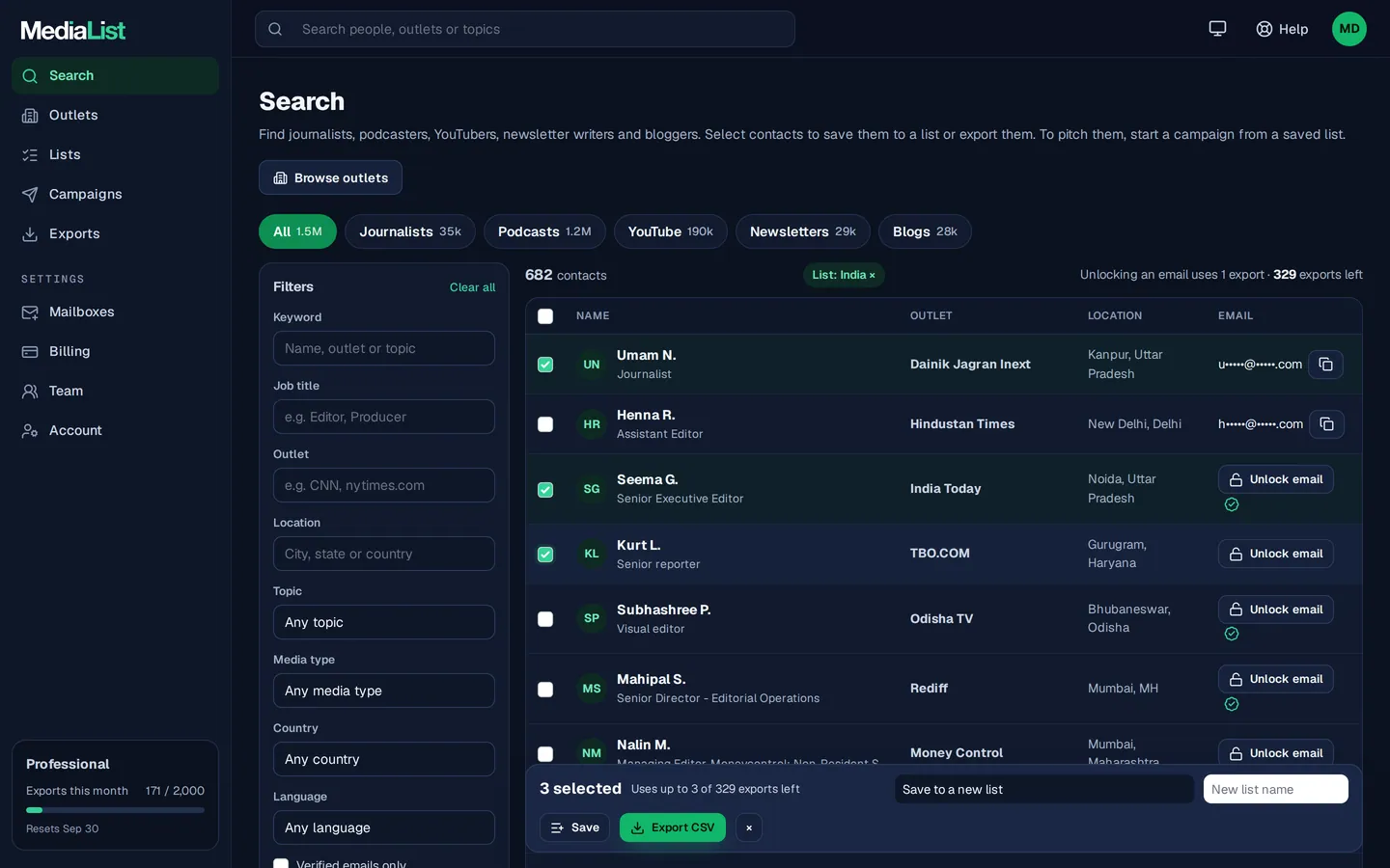 Media List search results with filters, showing contacts and verified emails