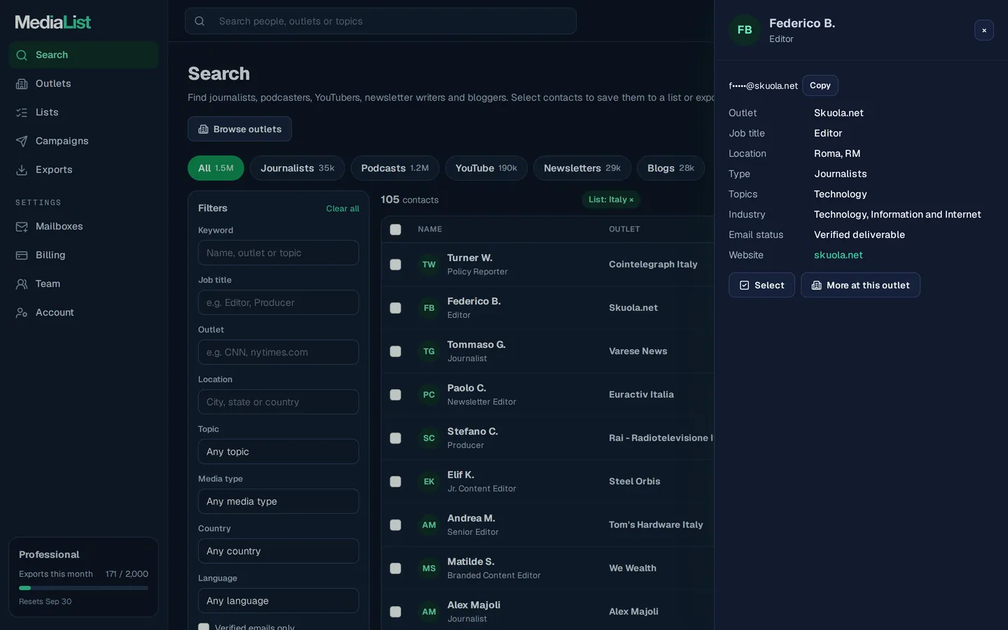 A contact opened in Media List, showing details and an unlocked email