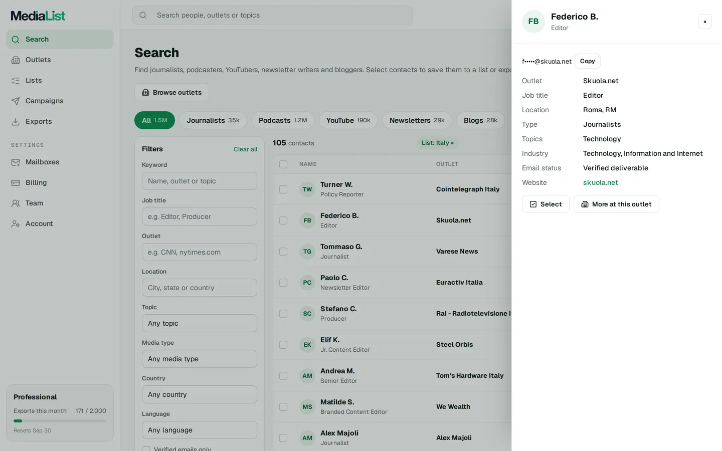 A contact opened in Media List, showing details and an unlocked email