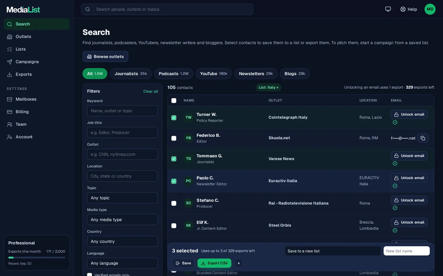 Media List search results with filters, showing contacts and verified emails