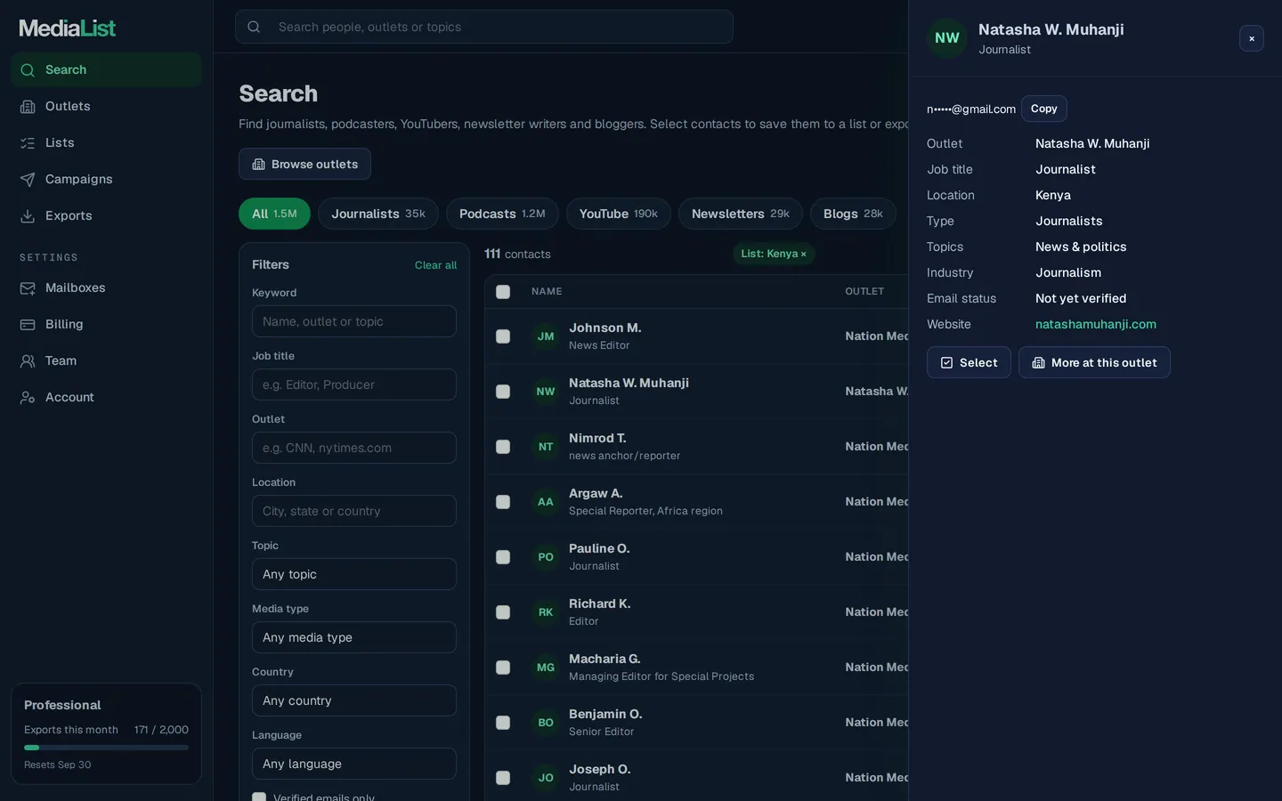 A contact opened in Media List, showing details and an unlocked email