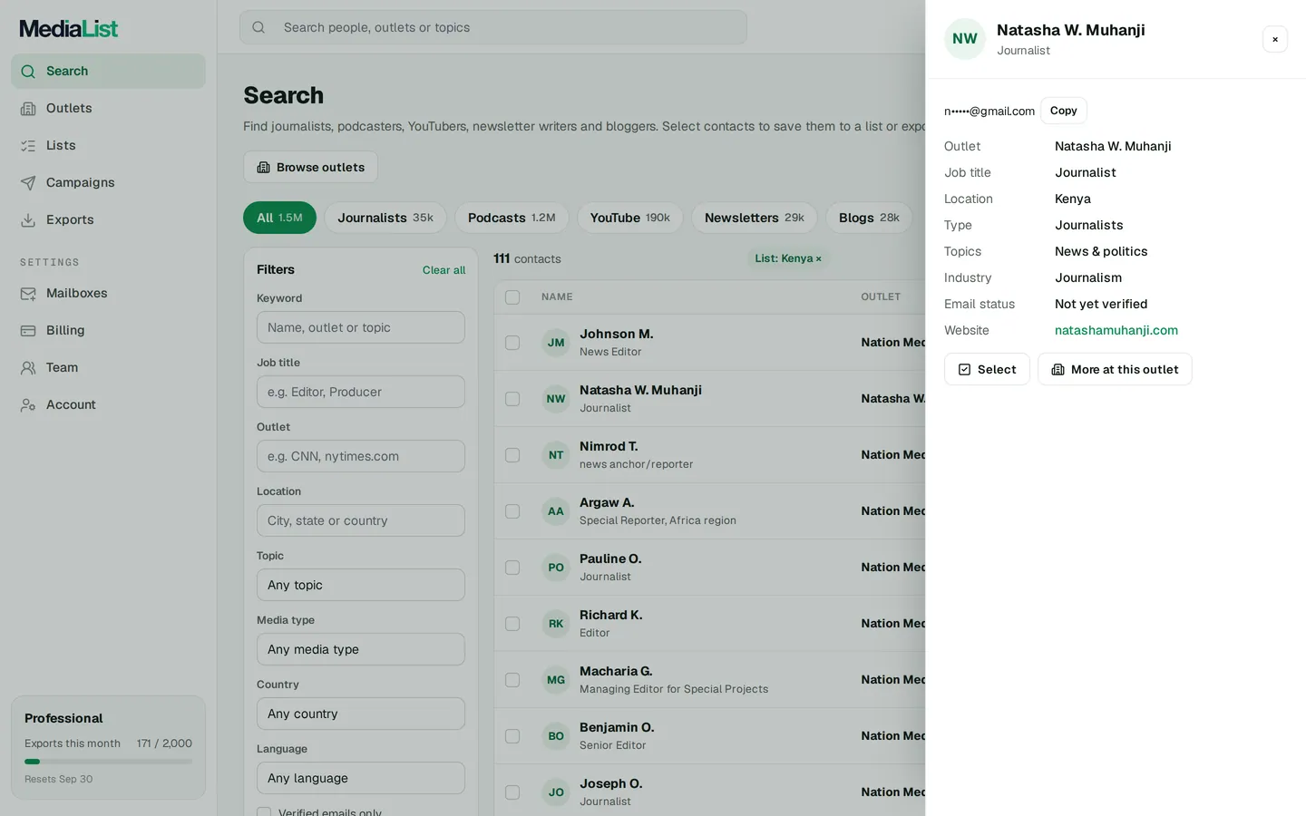 A contact opened in Media List, showing details and an unlocked email