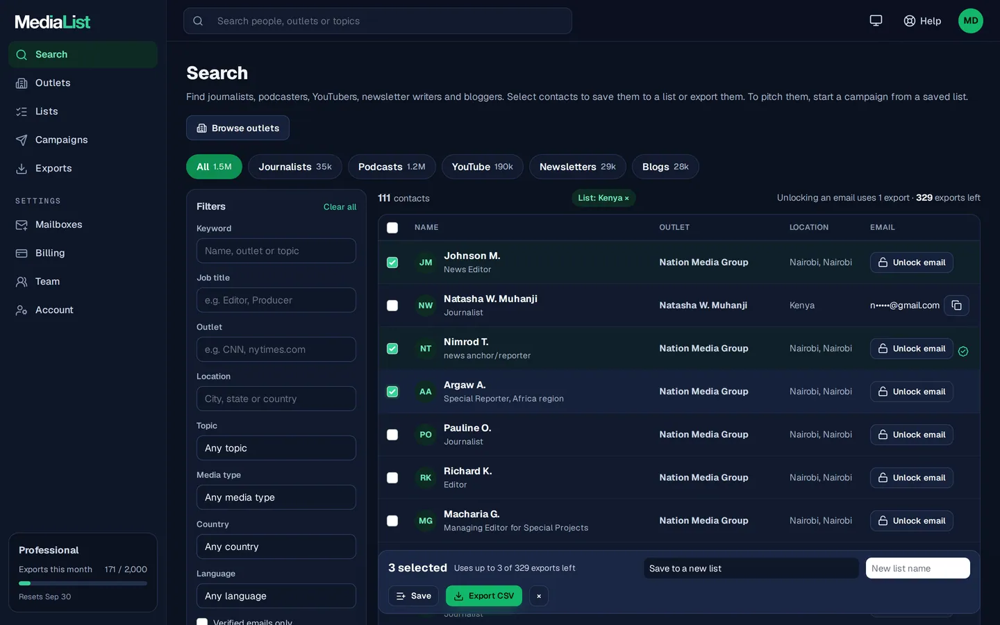 Media List search results with filters, showing contacts and verified emails