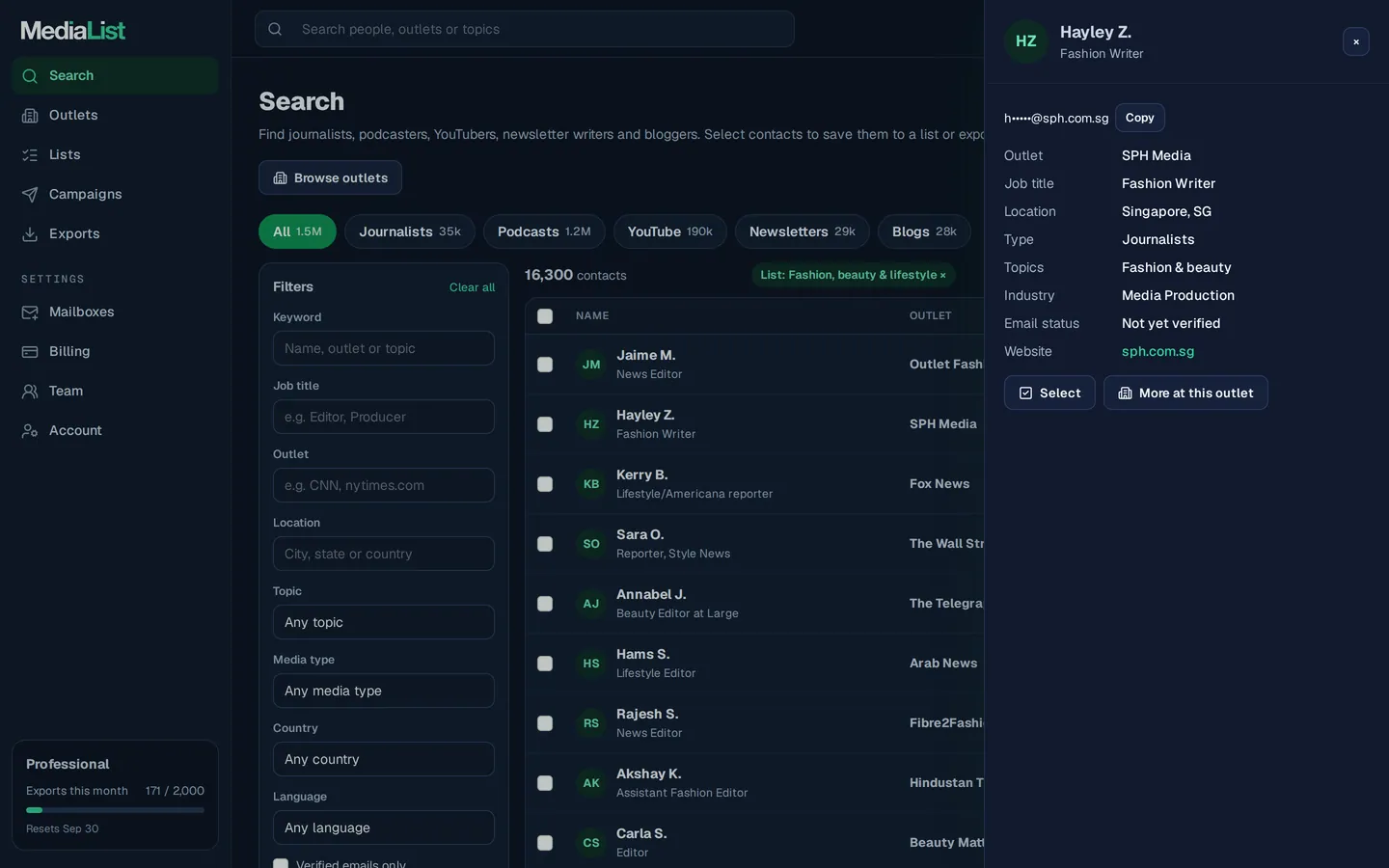 A contact opened in Media List, showing details and an unlocked email