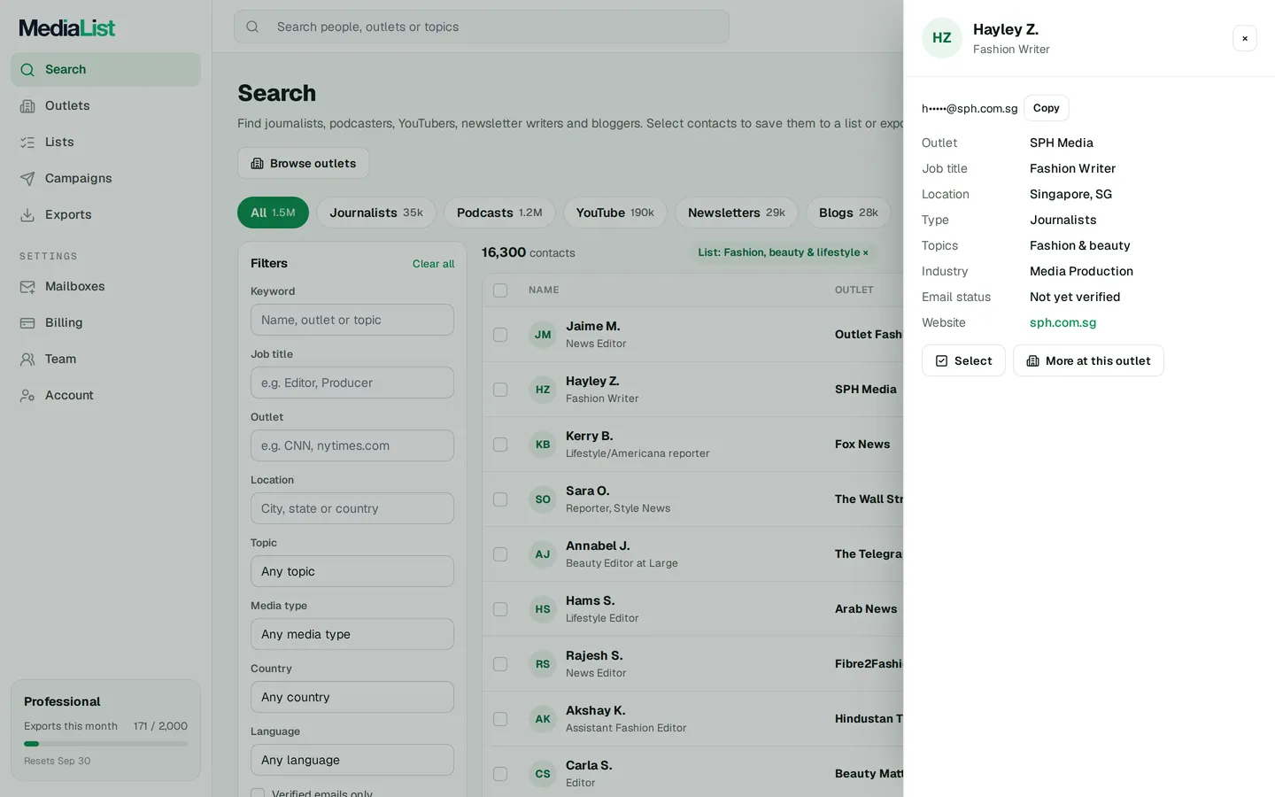A contact opened in Media List, showing details and an unlocked email