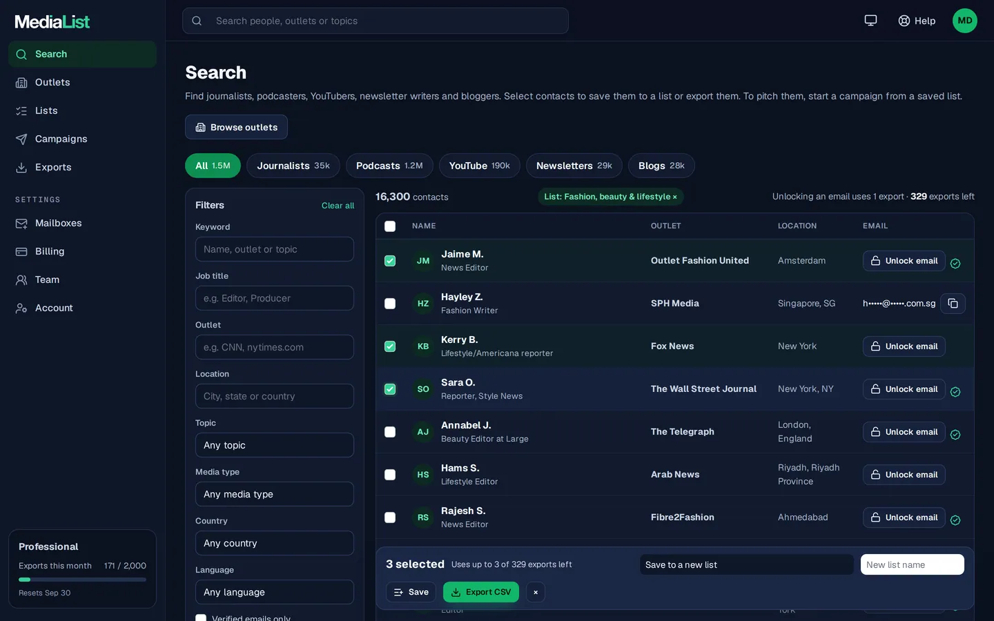 Media List search results with filters, showing contacts and verified emails