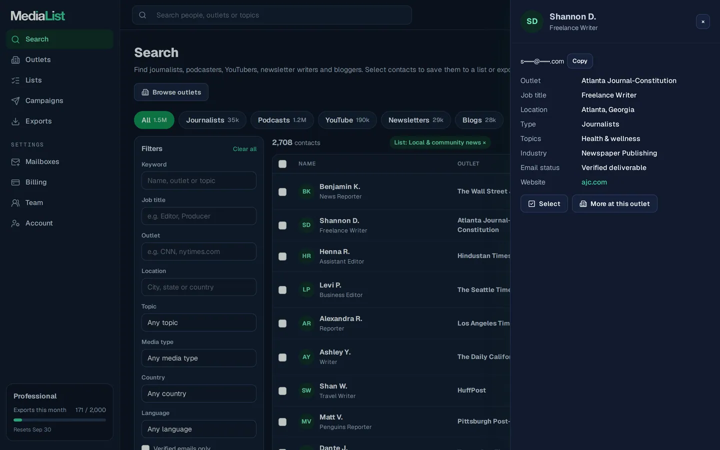 A contact opened in Media List, showing details and an unlocked email