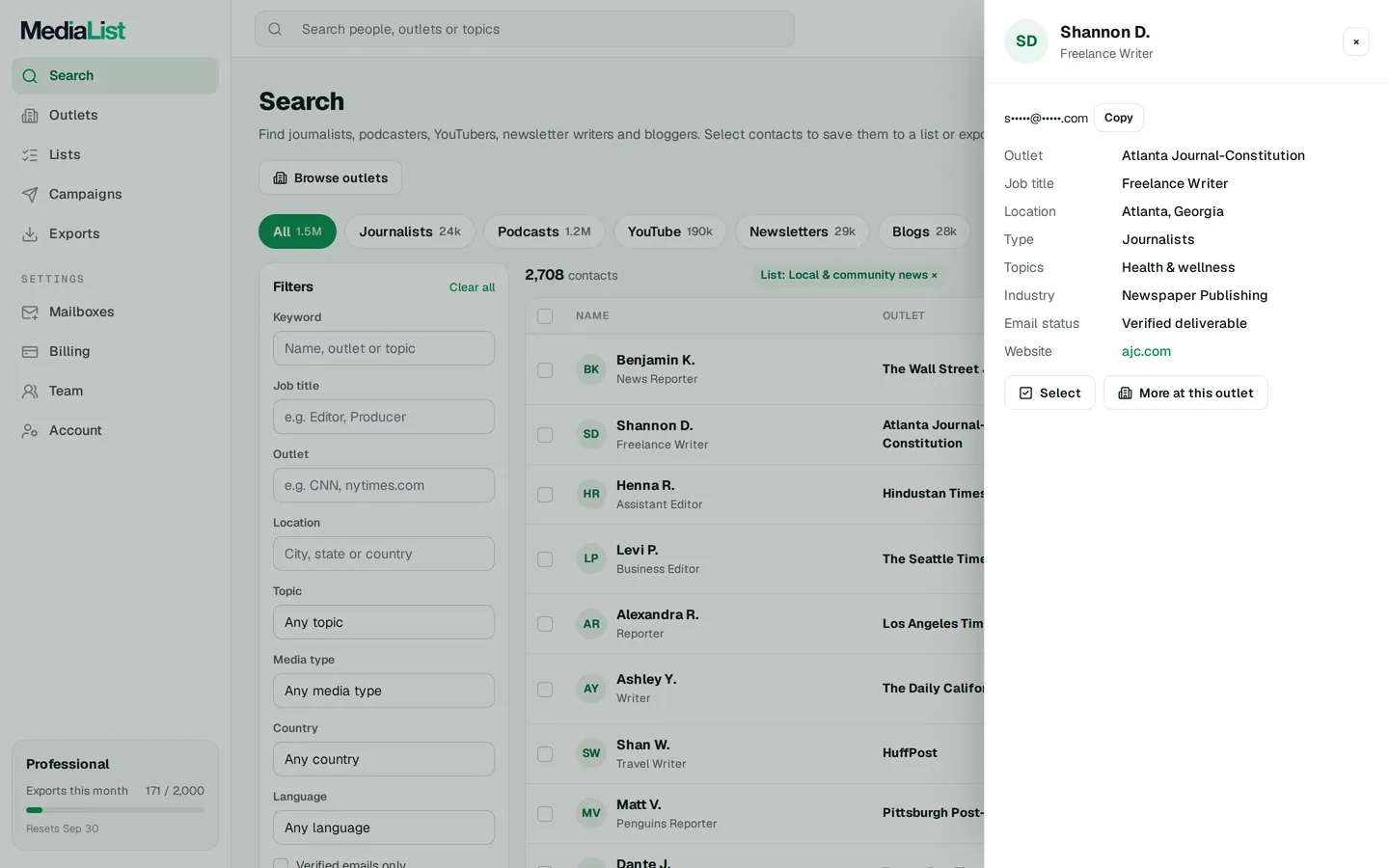 A contact opened in Media List, showing details and an unlocked email