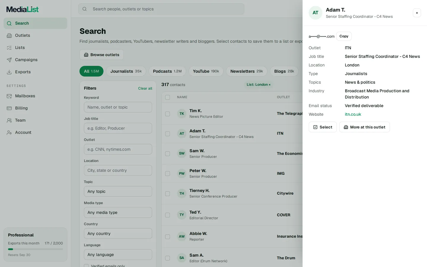 A contact opened in Media List, showing details and an unlocked email