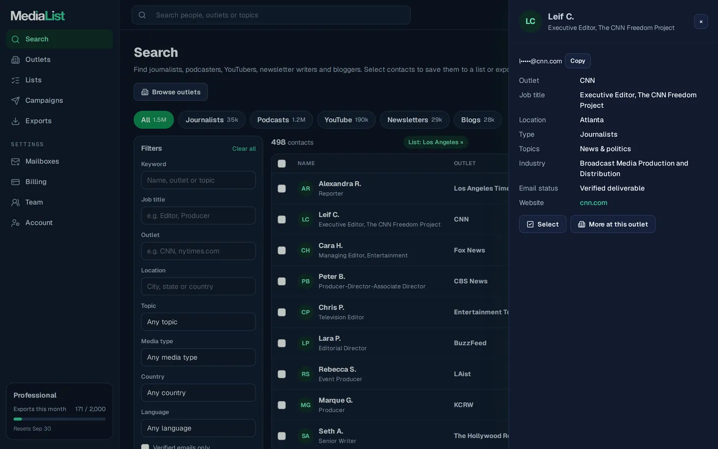A contact opened in Media List, showing details and an unlocked email