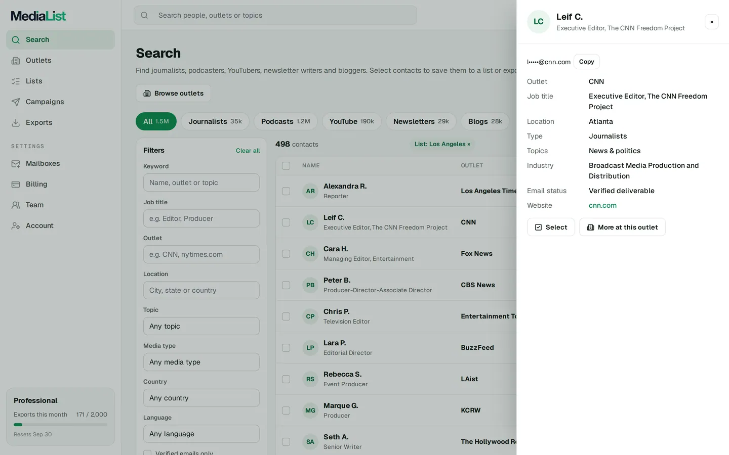 A contact opened in Media List, showing details and an unlocked email