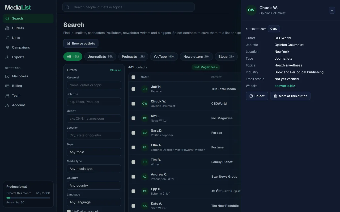 A contact opened in Media List, showing details and an unlocked email