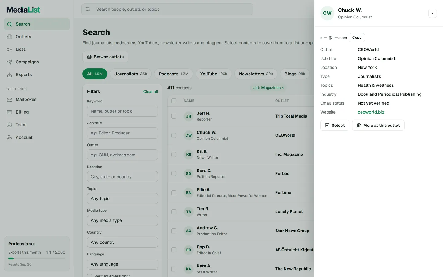 A contact opened in Media List, showing details and an unlocked email