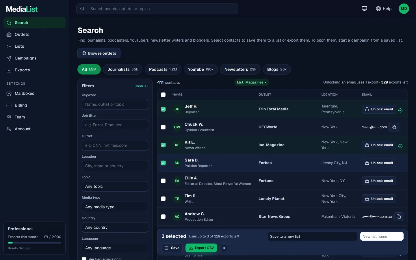 Media List search results with filters, showing contacts and verified emails