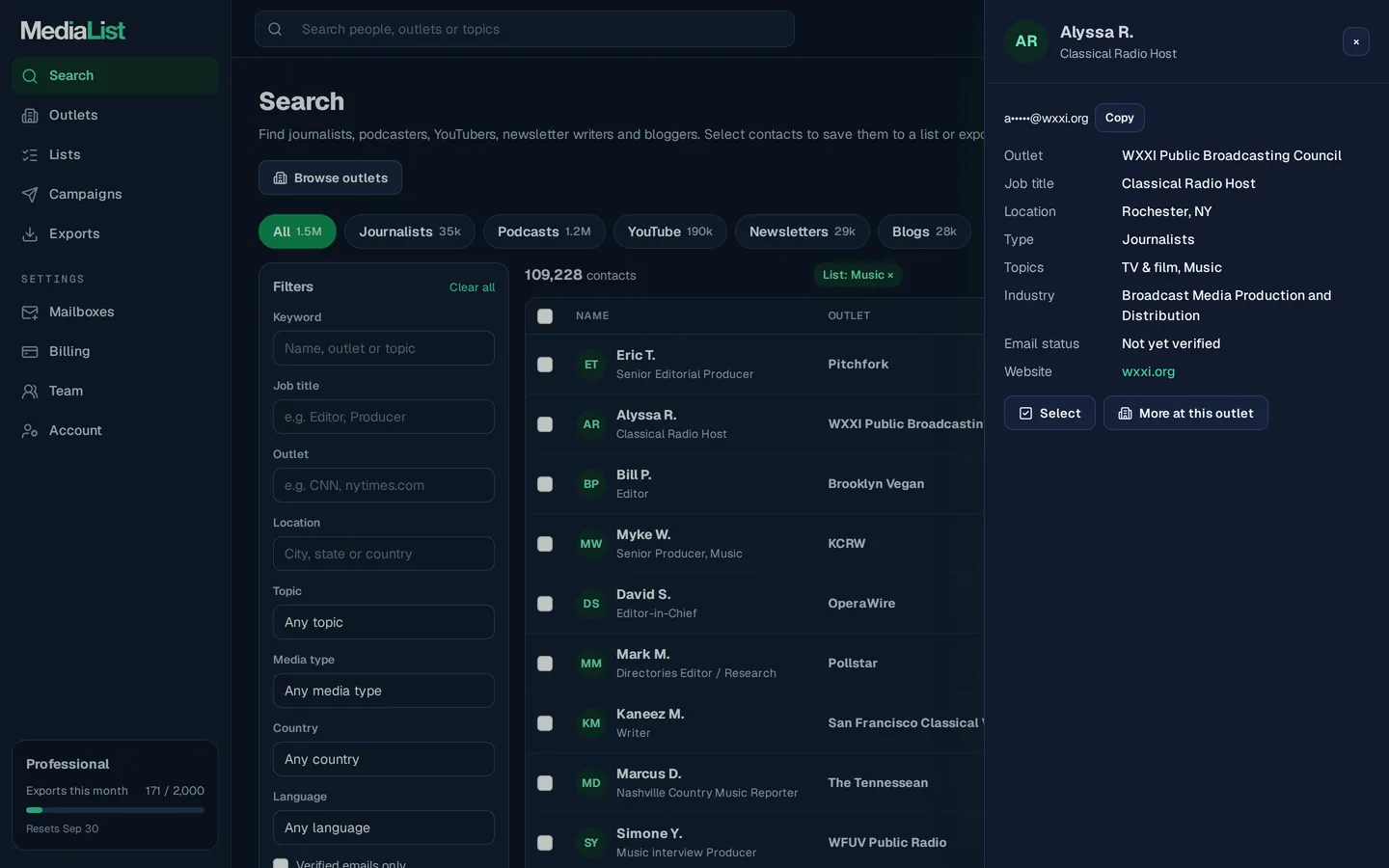 A contact opened in Media List, showing details and an unlocked email