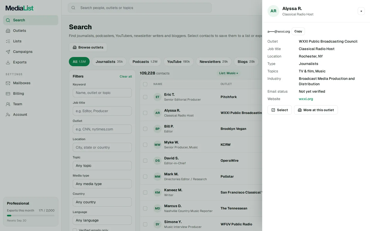 A contact opened in Media List, showing details and an unlocked email
