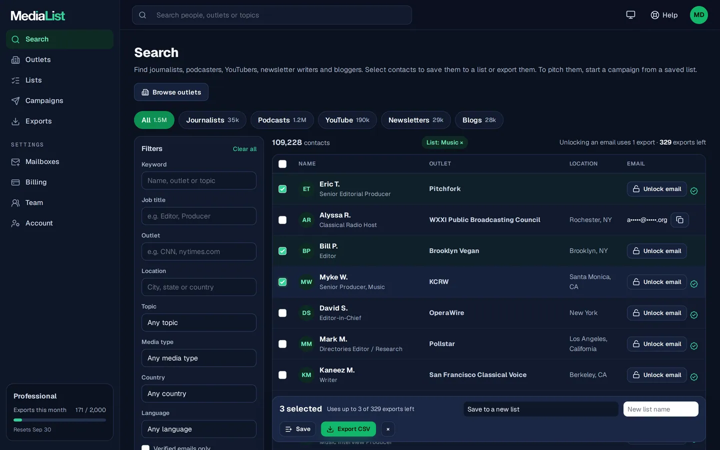 Media List search results with filters, showing contacts and verified emails