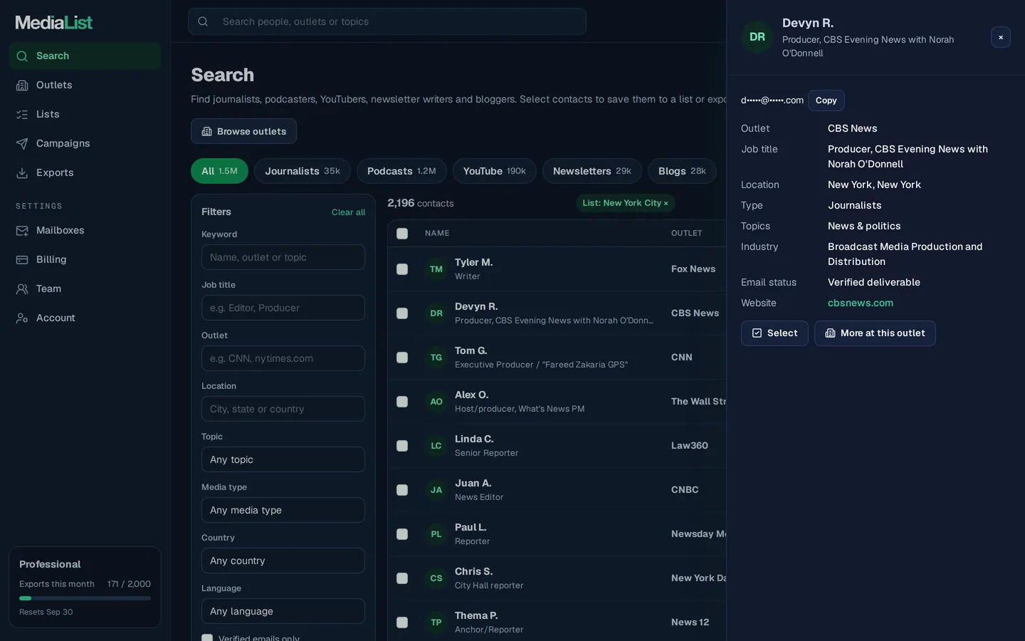 A contact opened in Media List, showing details and an unlocked email