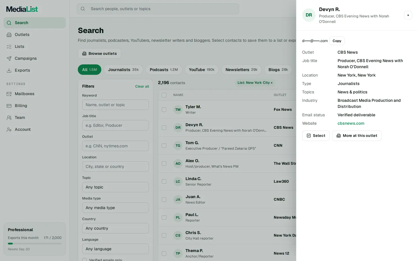 A contact opened in Media List, showing details and an unlocked email