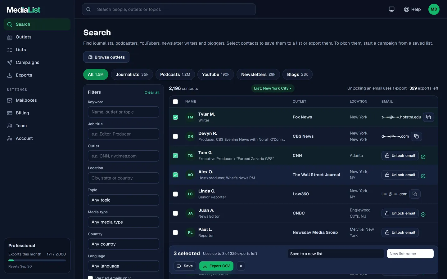 Media List search results with filters, showing contacts and verified emails