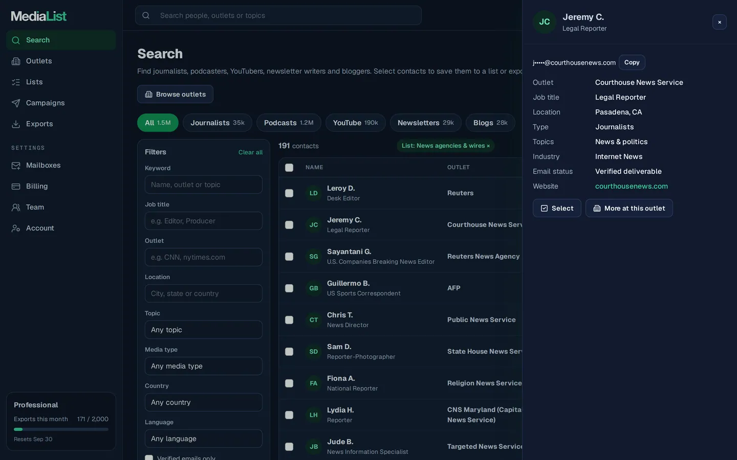 A contact opened in Media List, showing details and an unlocked email