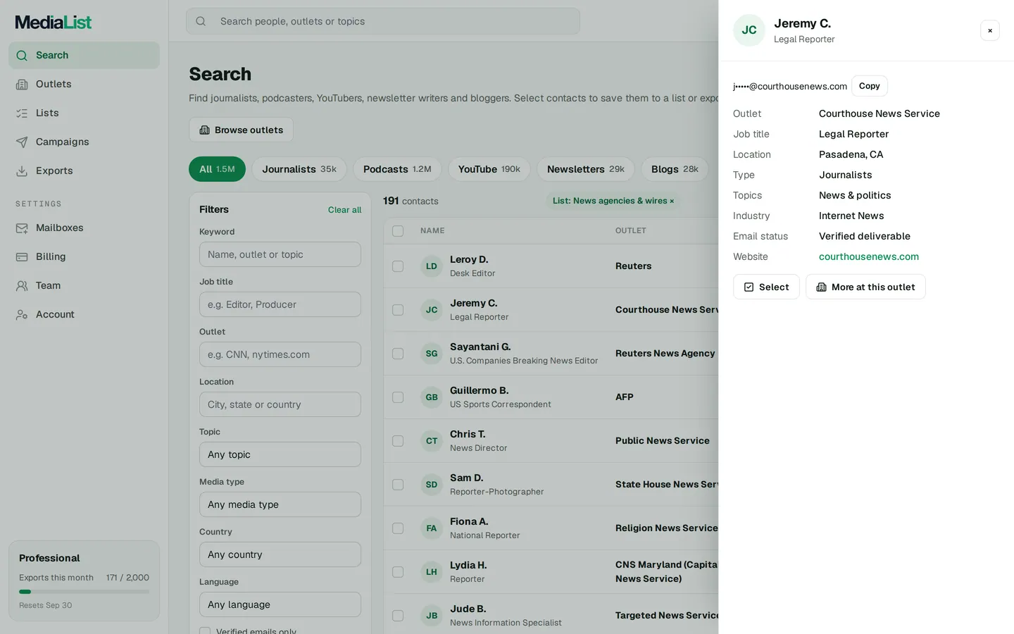A contact opened in Media List, showing details and an unlocked email