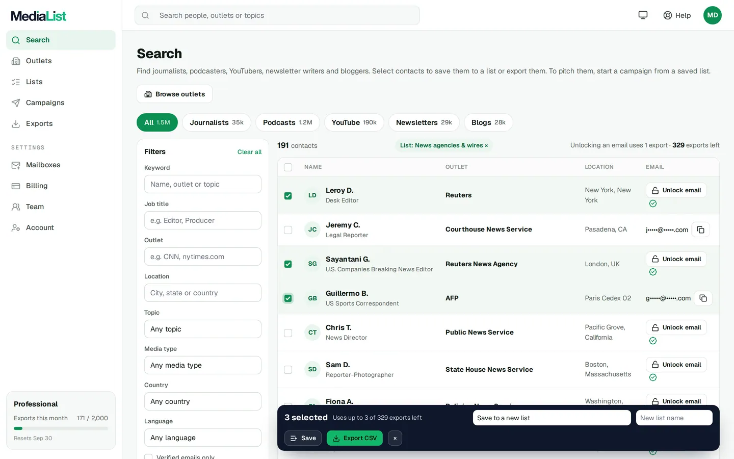 Media List search results with filters, showing contacts and verified emails
