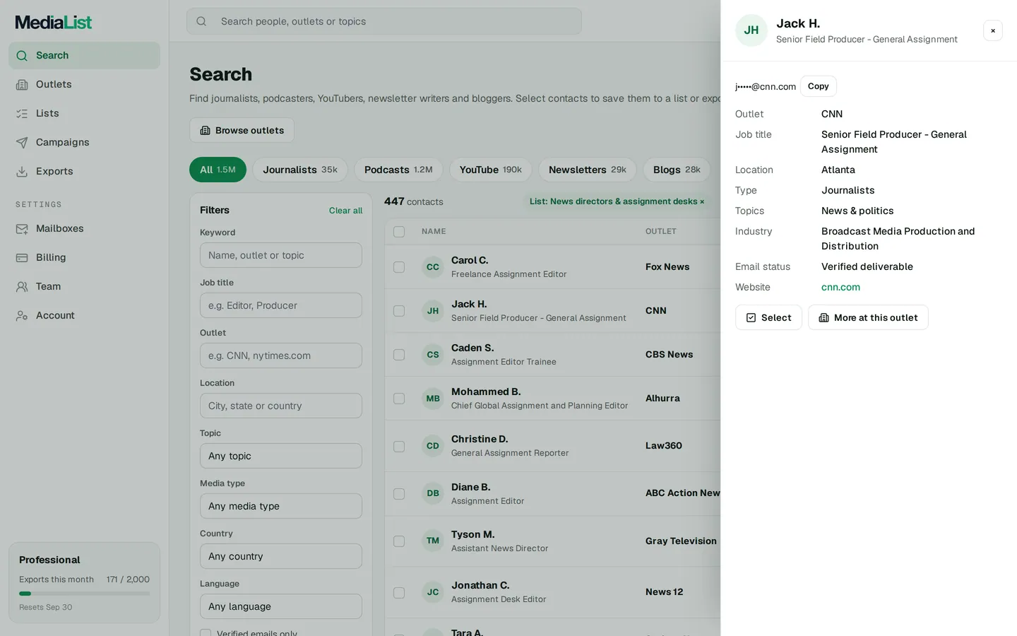 A contact opened in Media List, showing details and an unlocked email