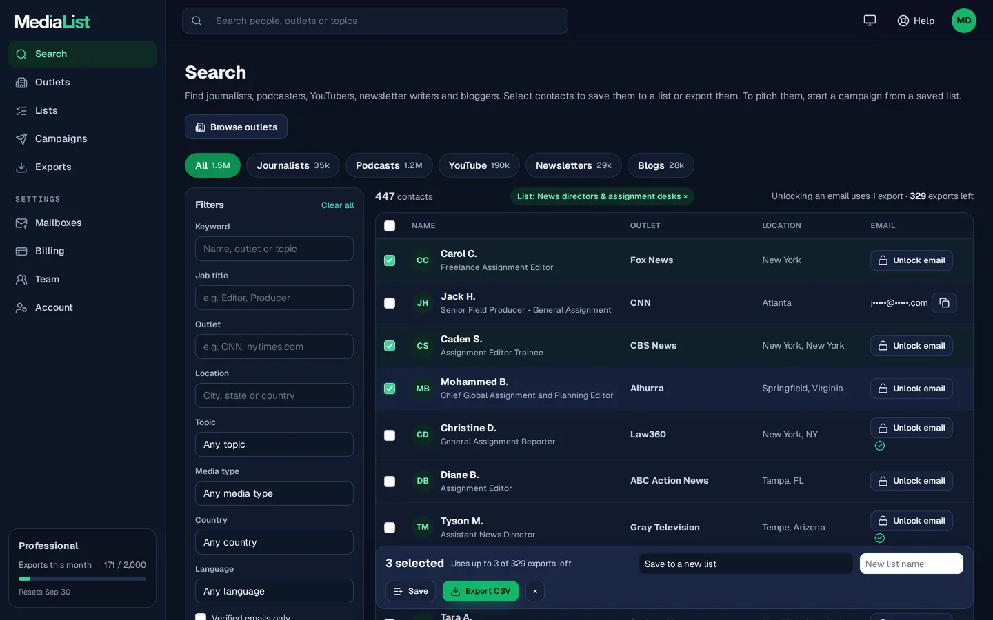 Media List search results with filters, showing contacts and verified emails