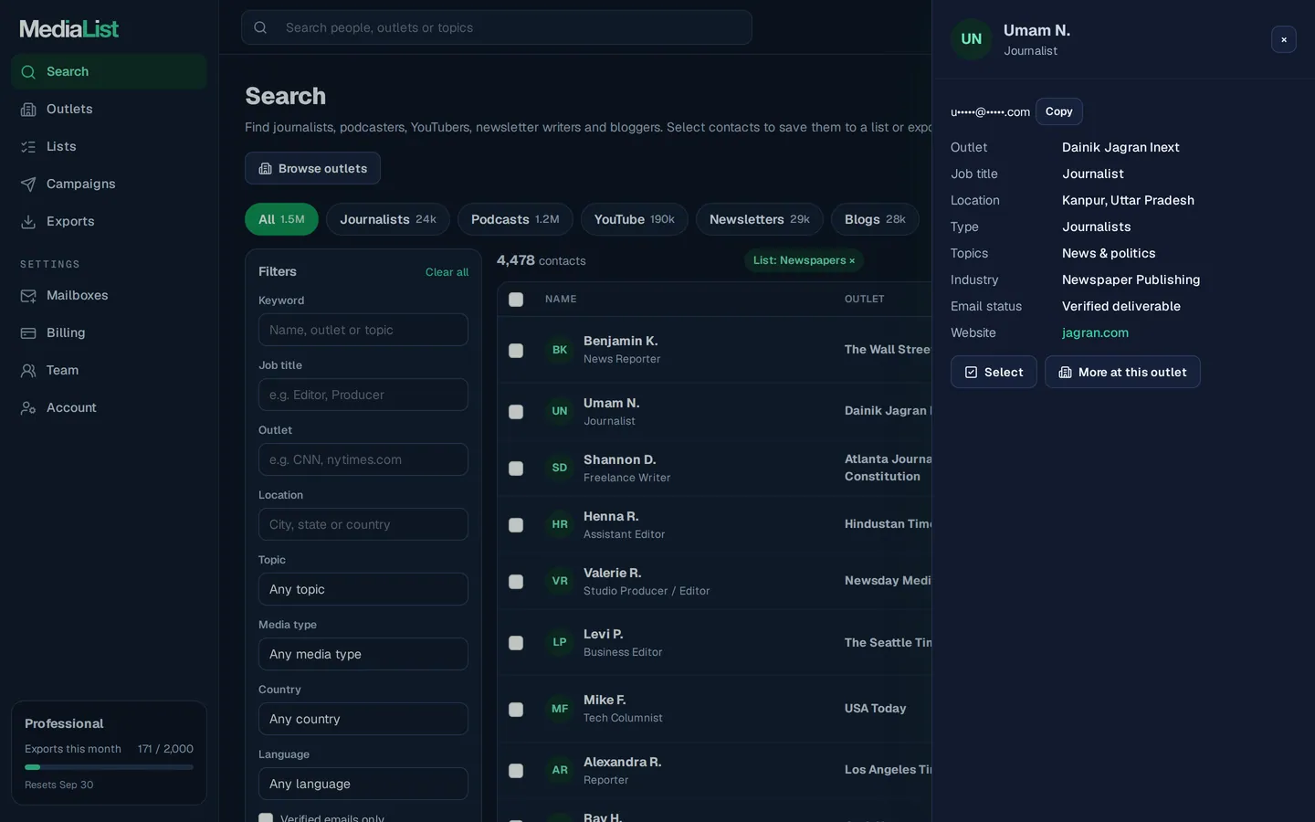 A contact opened in Media List, showing details and an unlocked email