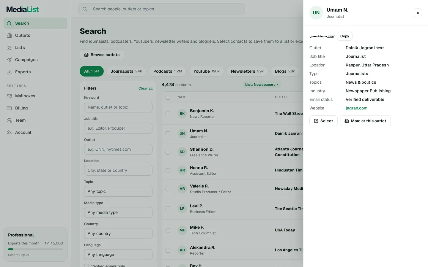 A contact opened in Media List, showing details and an unlocked email