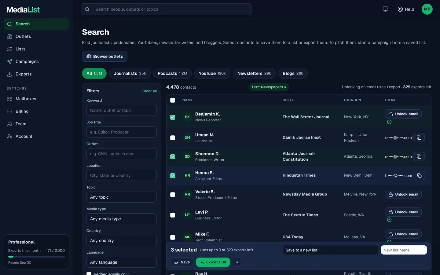 Media List search results with filters, showing contacts and verified emails