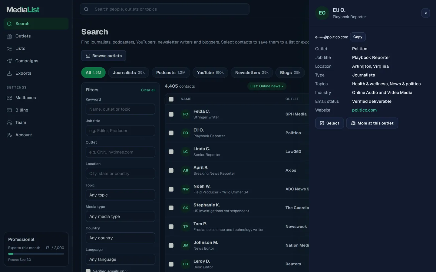 A contact opened in Media List, showing details and an unlocked email