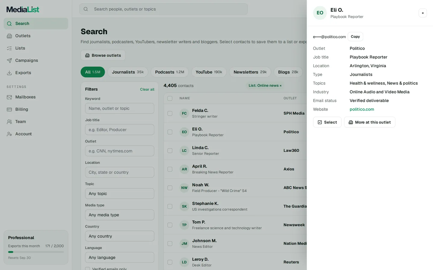 A contact opened in Media List, showing details and an unlocked email
