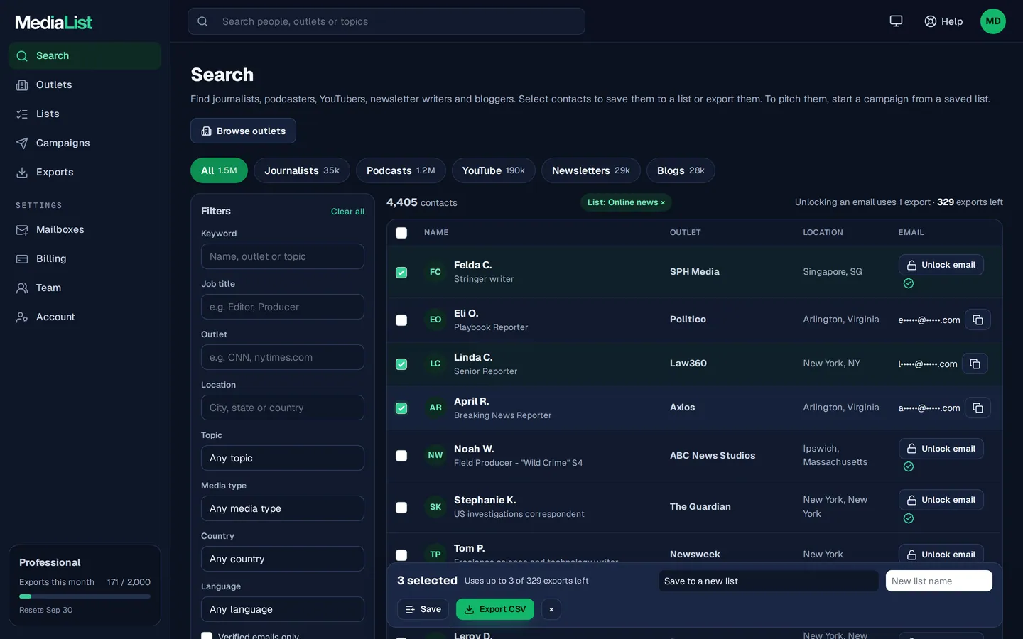 Media List search results with filters, showing contacts and verified emails