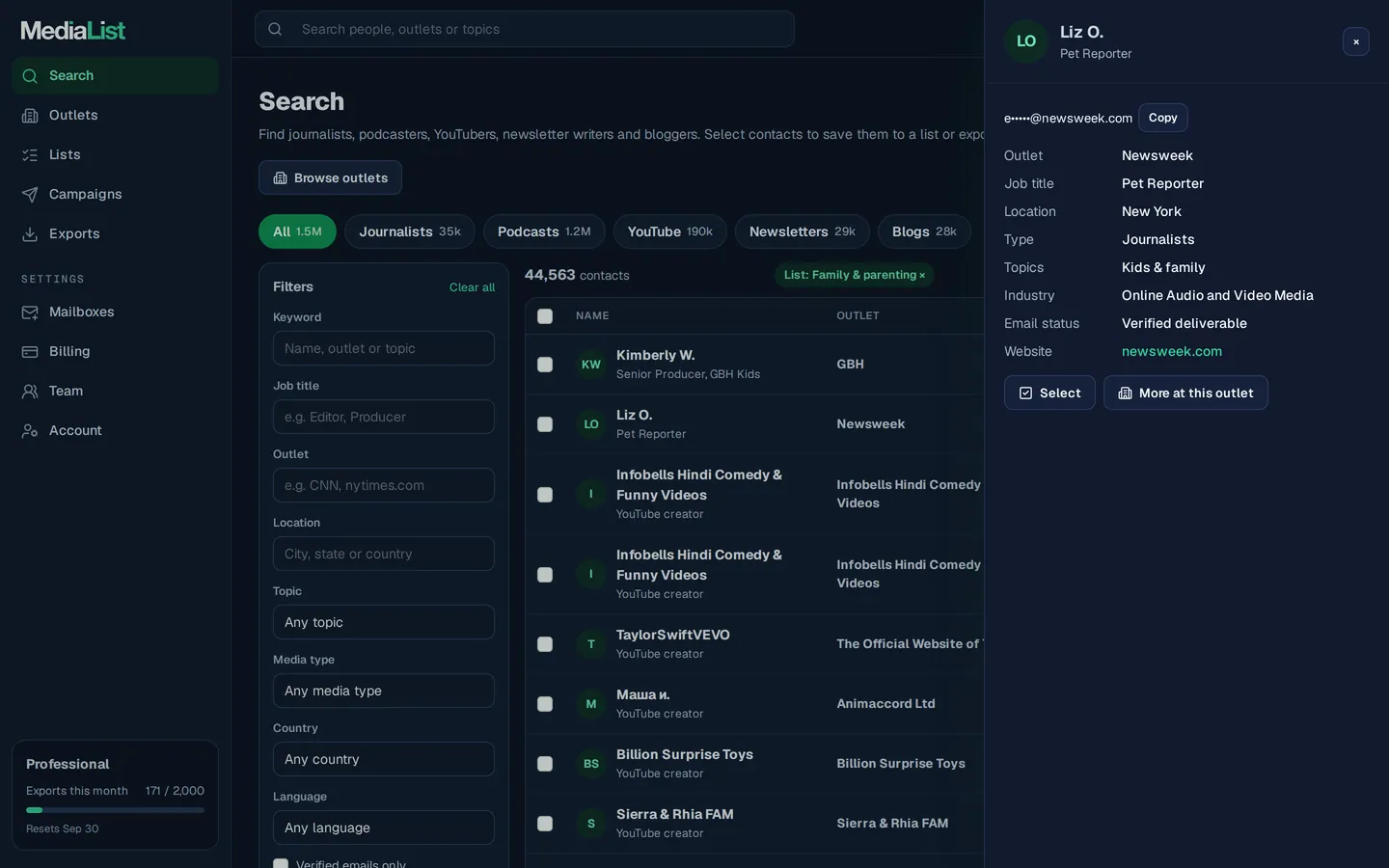 A contact opened in Media List, showing details and an unlocked email