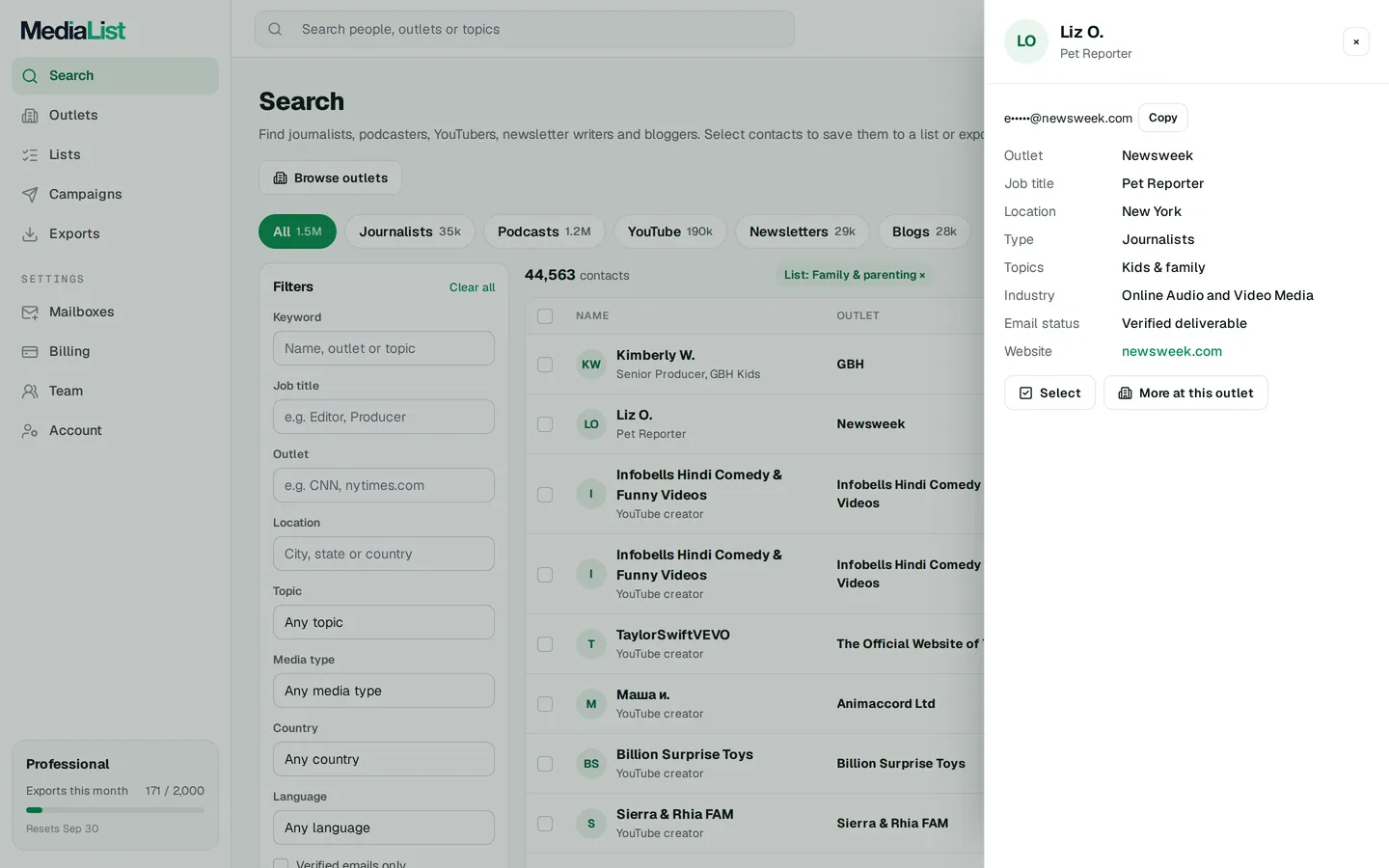 A contact opened in Media List, showing details and an unlocked email
