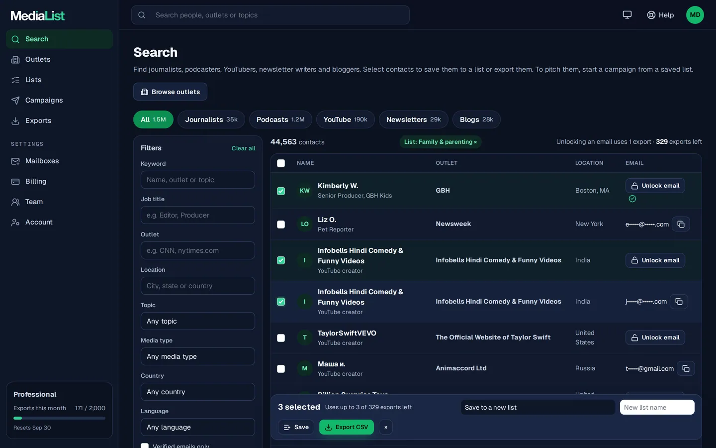 Media List search results with filters, showing contacts and verified emails
