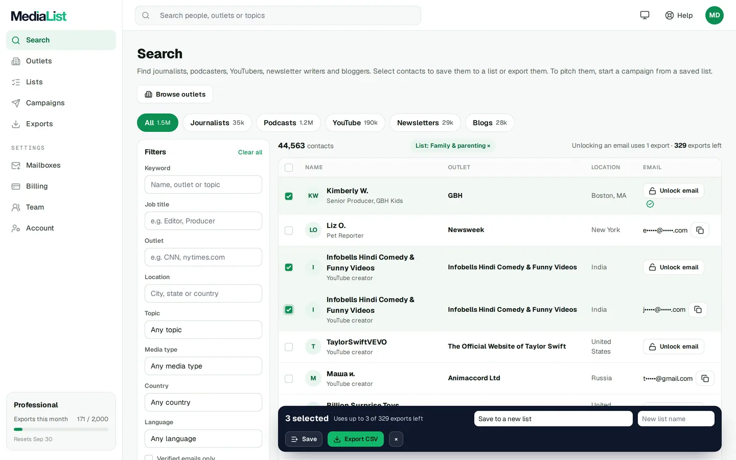 Media List search results with filters, showing contacts and verified emails